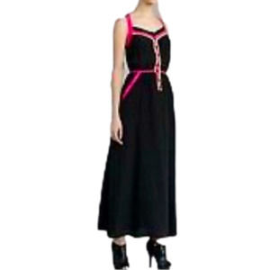 NANETTE Lepore (4) Silk Black Maxi Dress with Neon Pink & Lime Trim